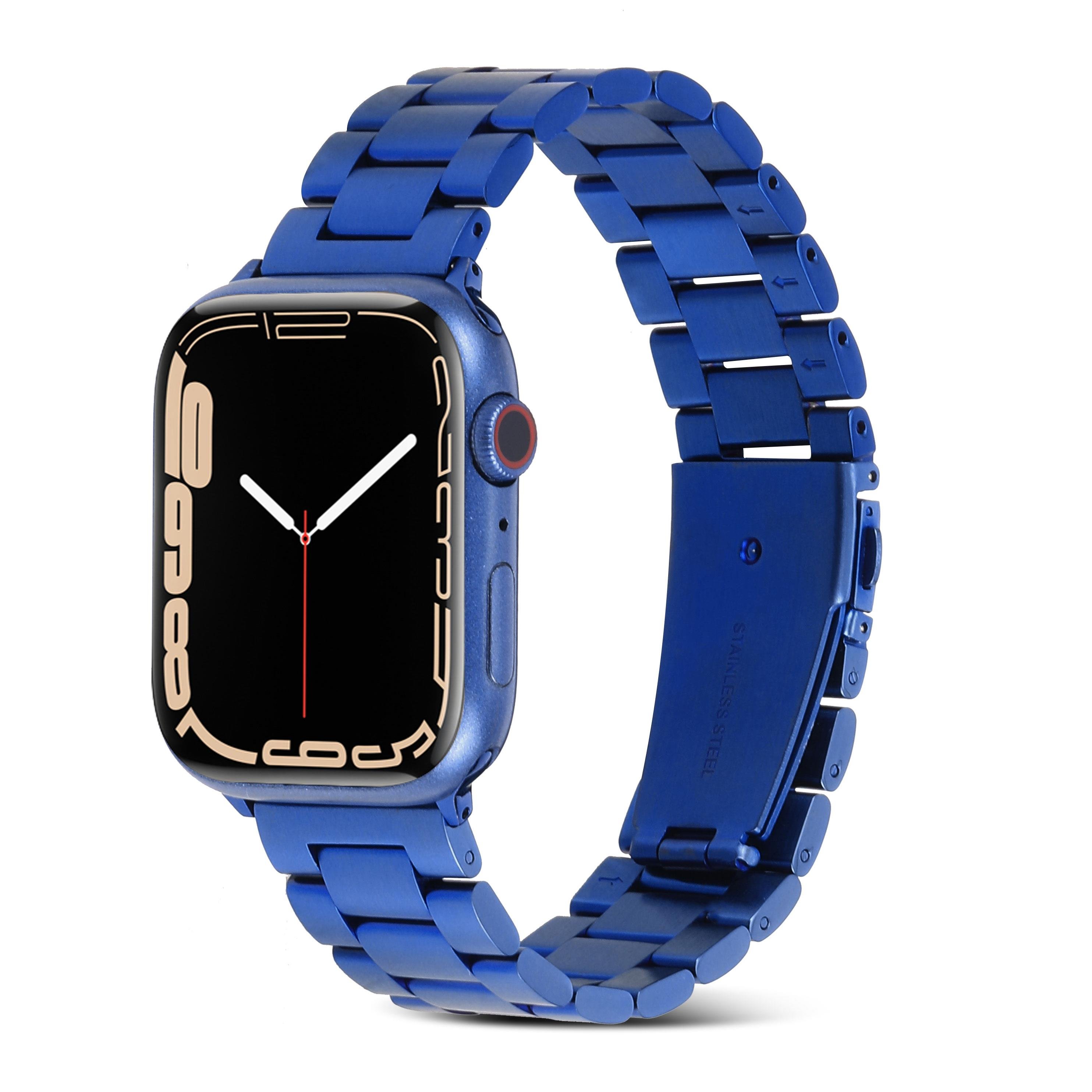 Apple Watch 9 45 mm uyumlu Metal Kordon Paslanmaz Çelik Baklalı Model Kayış Mavi
