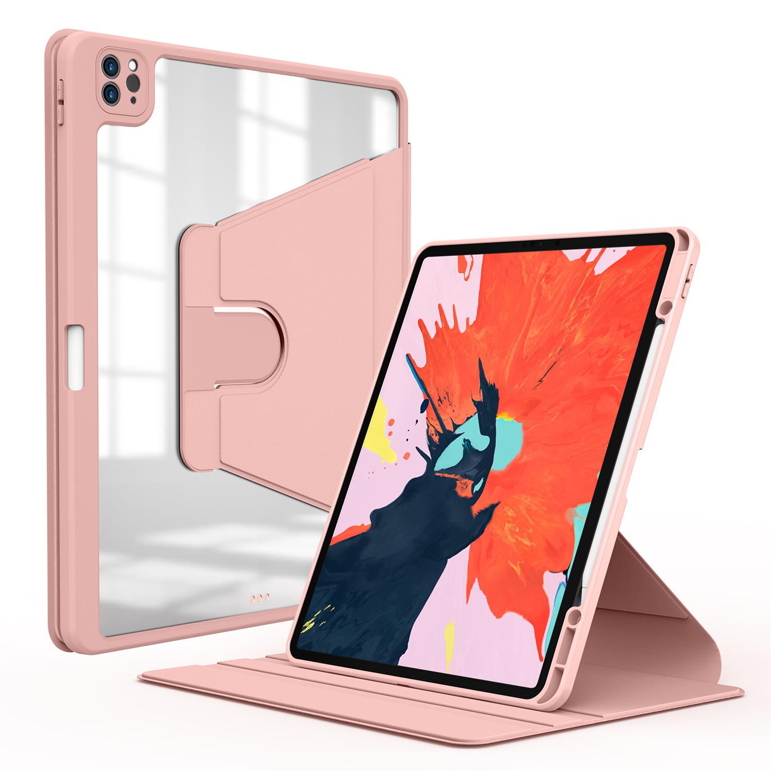 iPad Pro 12.9 5. Nesil 2021 Uyumlu Kılıf 360° Dönebilen Kalem Bölmeli Standlı Akıllı Kapak Premium Pudra