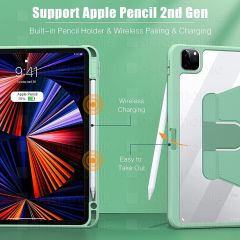 iPad Pro 12.9 5. Nesil 2021 Uyumlu Kılıf 360° Dönebilen Kalem Bölmeli Standlı Akıllı Kapak Premium Pudra