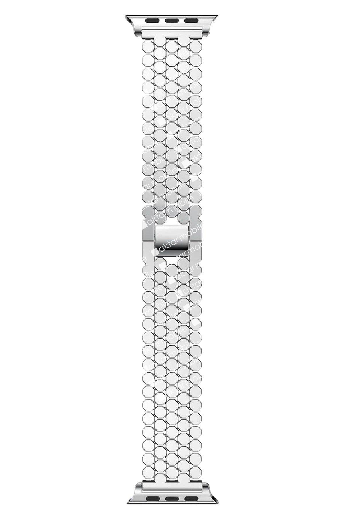 Apple Watch Ultra 49 mm uyumlu Metal Kordon Hegzagonal Tasarım Premium Kayış Gümüş