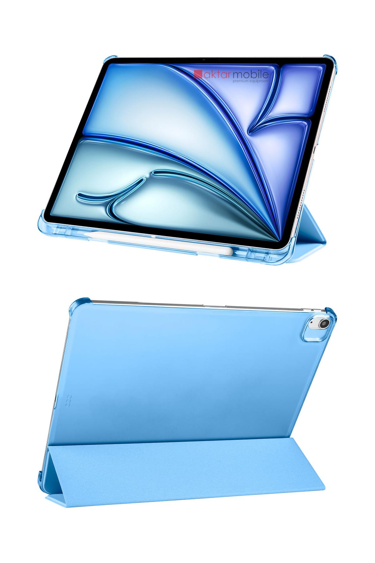 iPad Air 11 M2 2024 uyumlu Kapaklı Kılıf Kalem Bölmeli Standlı Flip Smart Akıllı Kapak Uyku Modlu Mavi