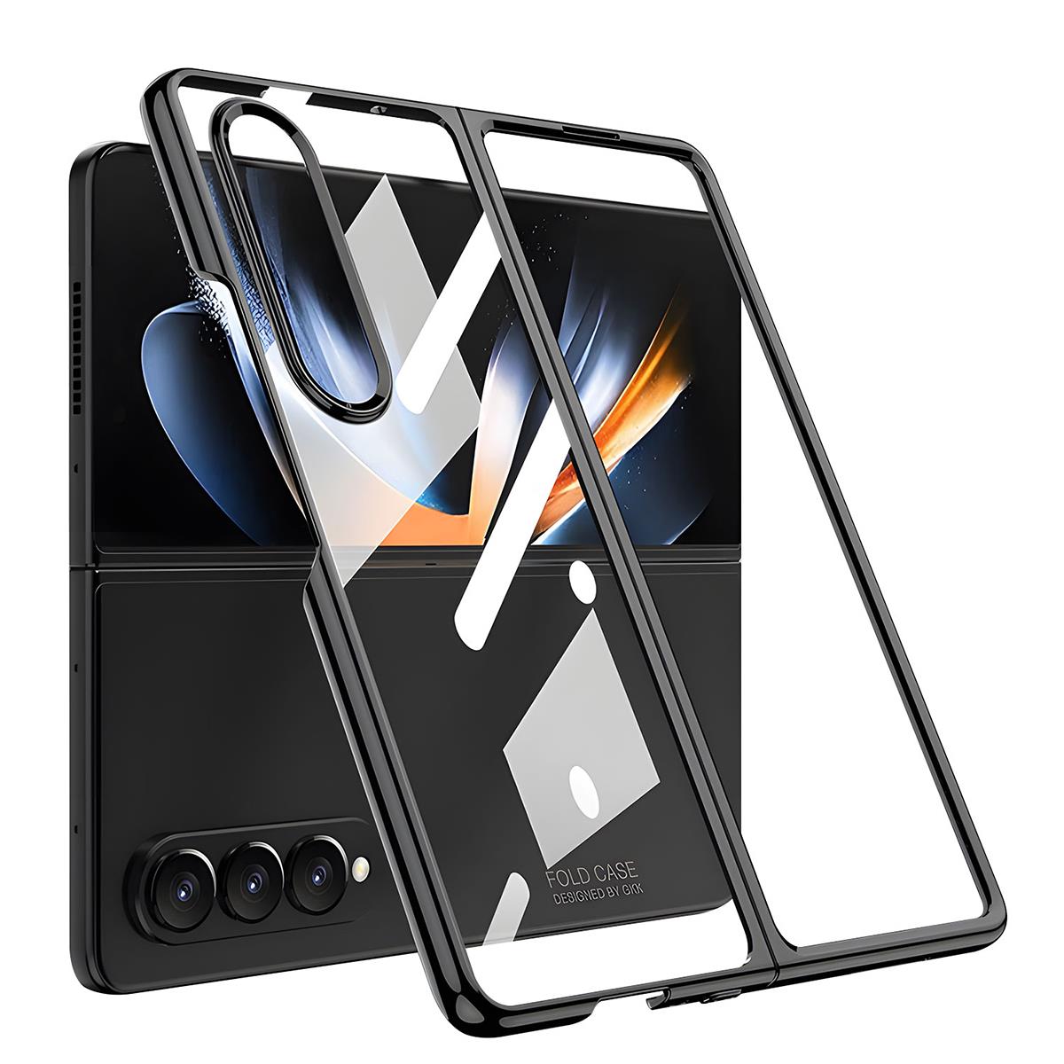 Samsung Galaxy Z Fold 4 uyumlu Kılıf Premium Cam Kapak Tam Uyumlu Electroplate Metalik Renk Siyah