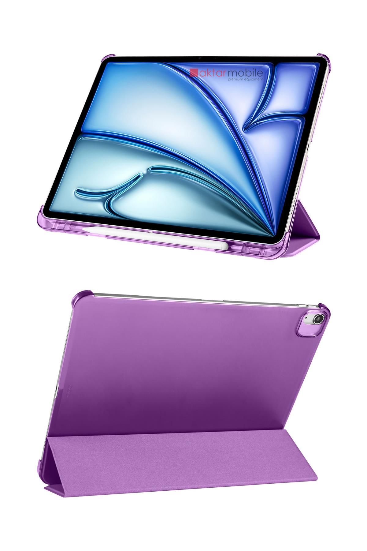 iPad Air 11 M2 2024 uyumlu Kapaklı Kılıf Kalem Bölmeli Standlı Flip Smart Akıllı Kapak Uyku Modlu Mor