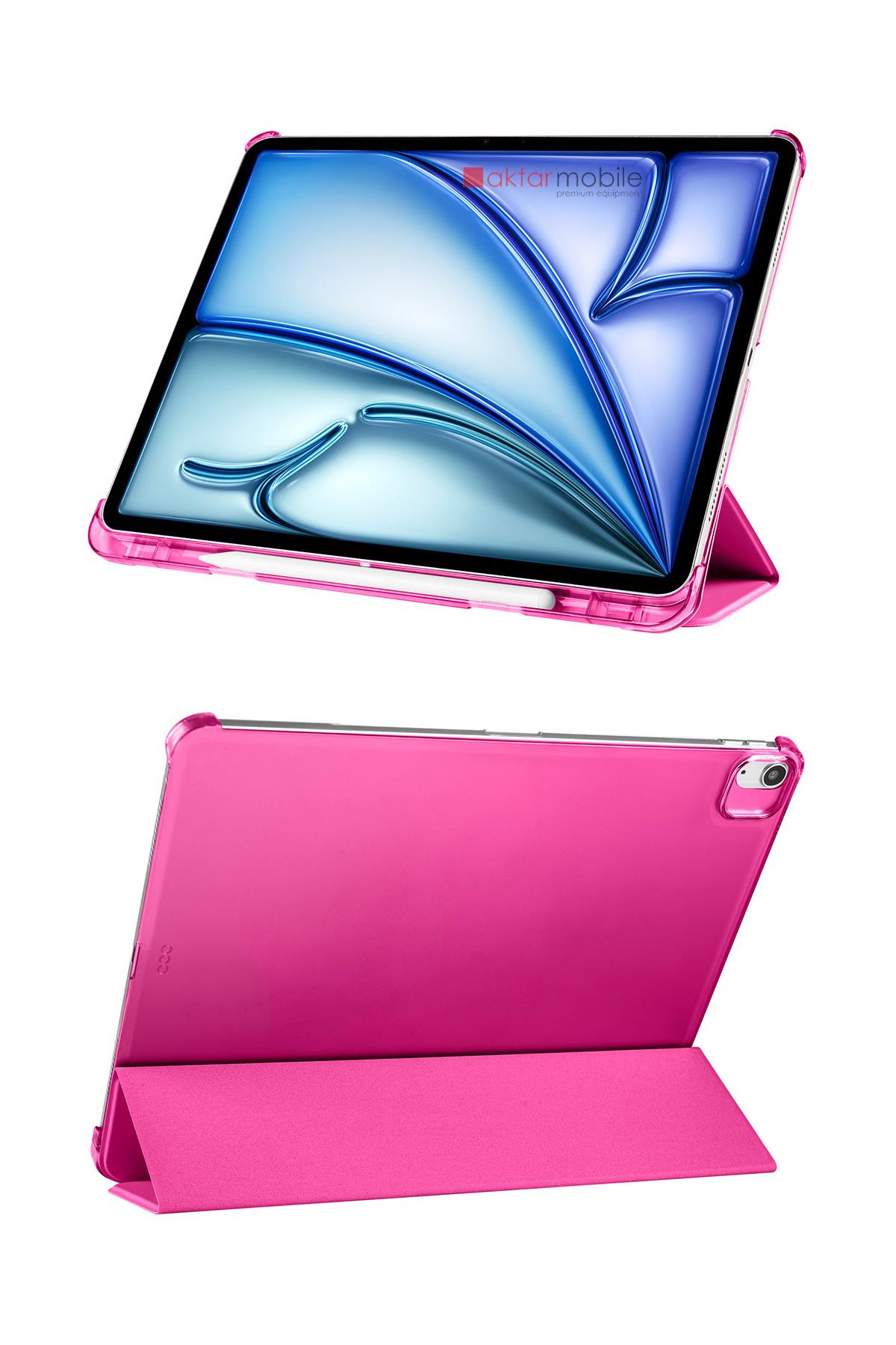 iPad Air 11 M2 2024 uyumlu Kapaklı Kılıf Kalem Bölmeli Standlı Flip Smart Akıllı Kapak Uyku Modlu Koyu Pembe