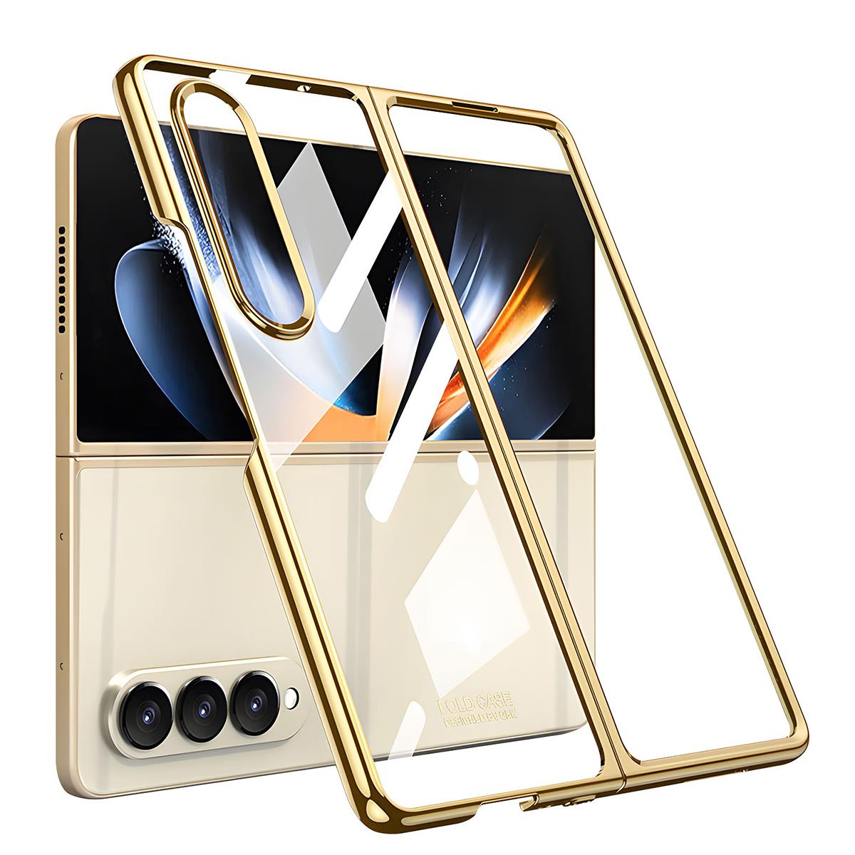 Samsung Galaxy Z Fold 4 uyumlu Kılıf Premium Cam Kapak Tam Uyumlu Electroplate Metalik Renk Gold