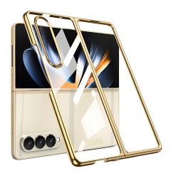 Samsung Galaxy Z Fold 4 uyumlu Kılıf Premium Cam Kapak Tam Uyumlu Electroplate Metalik Renk Gold