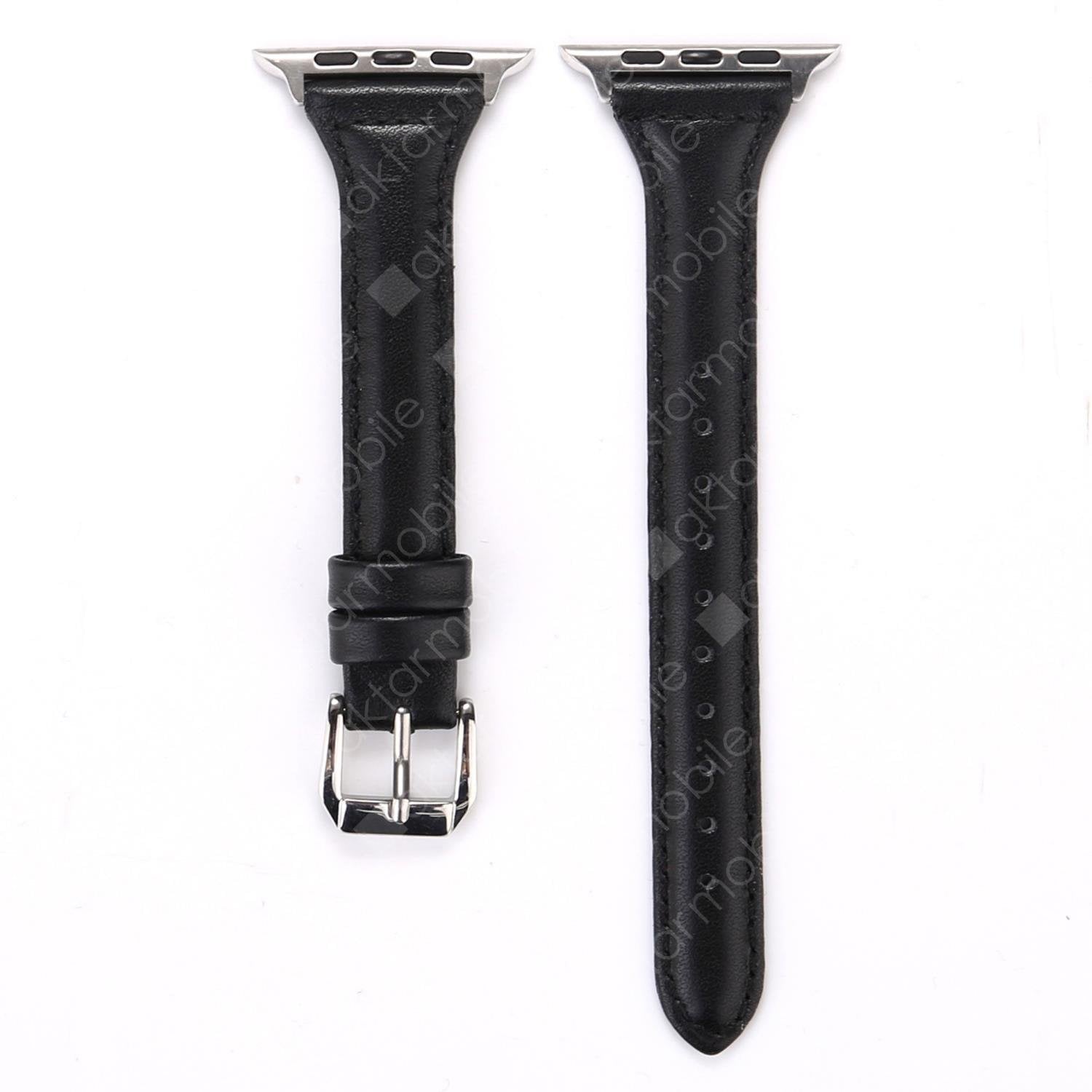 Apple Watch 7 6 SE 5 4 3 2 1 - 38 / 40 / 41 mm uyumlu Deri Kordon Premium Dikişli İnce Deri Kayış Siyah
