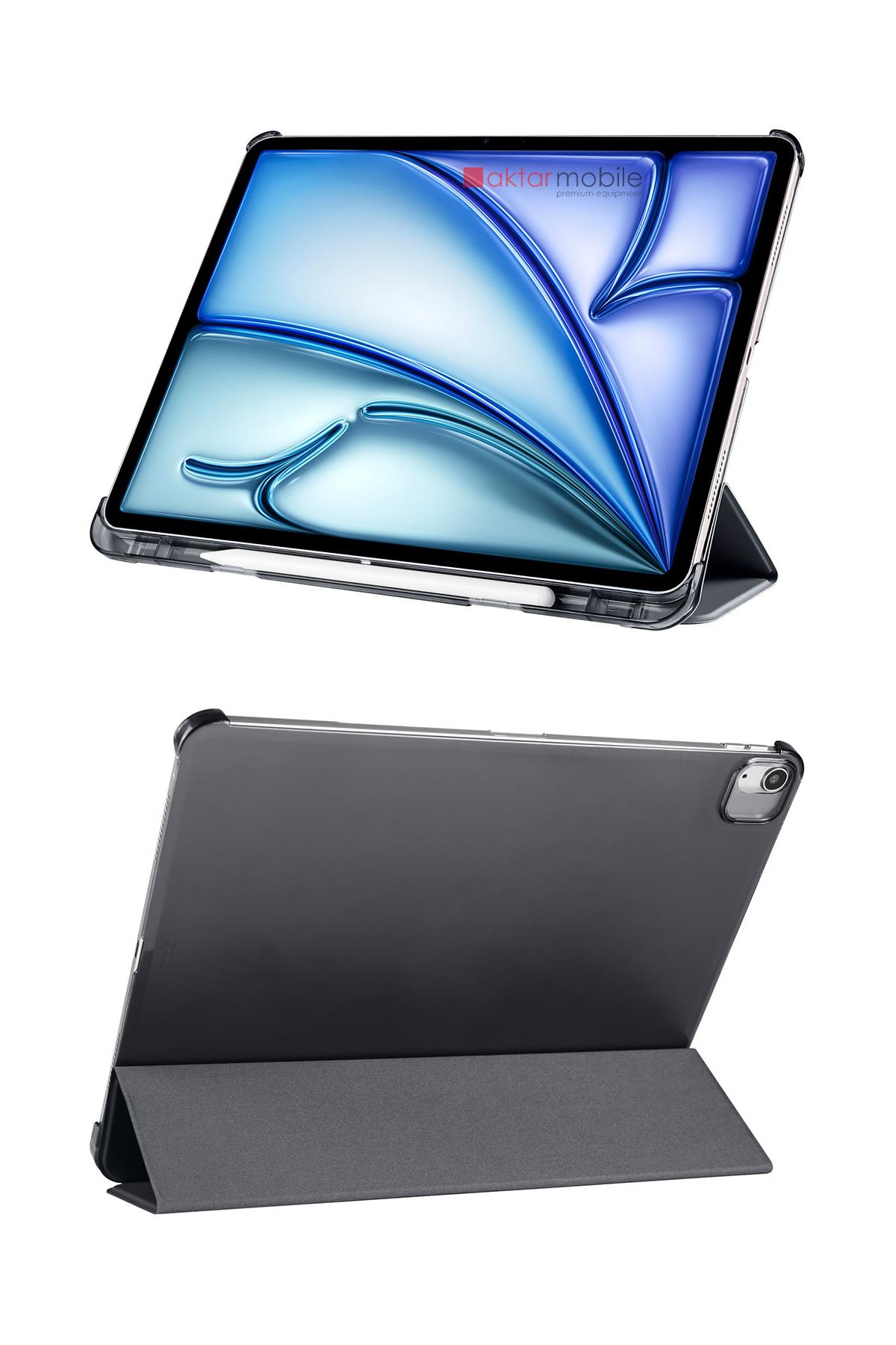 iPad Air 11 M2 2024 uyumlu Kapaklı Kılıf Kalem Bölmeli Standlı Flip Smart Akıllı Kapak Uyku Modlu Siyah
