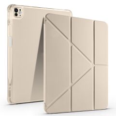 iPad Pro 13 M4 uyumlu Kılıf Kalem Bölmeli Tri Folding Standlı Arkası Silikon Uyku Modlu Gold