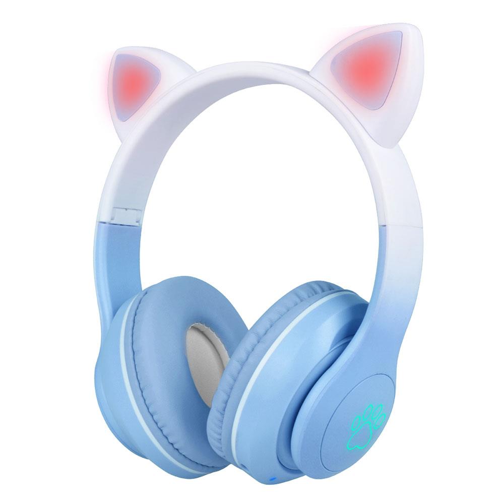 Kedi Kulağı Tasarımlı Kablosuz Kulak Üstü Bluetooth Kulaklık RGB Led Işıklı Katlanabilir Kulaklık Mavi