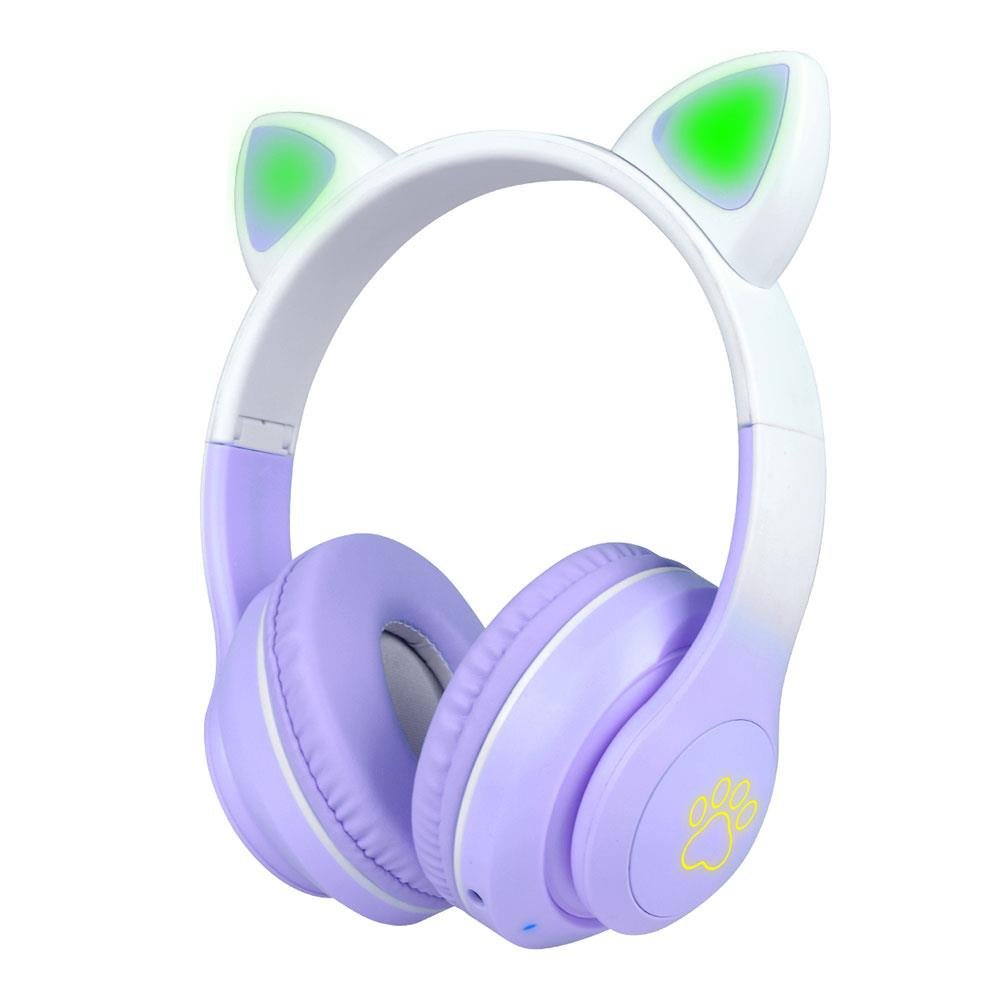 Kedi Kulağı Tasarımlı Kablosuz Kulak Üstü Bluetooth Kulaklık RGB Led Işıklı Katlanabilir Kulaklık Mor