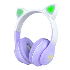 Kedi Kulağı Tasarımlı Kablosuz Kulak Üstü Bluetooth Kulaklık RGB Led Işıklı Katlanabilir Kulaklık Mor