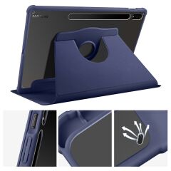 Galaxy Tab S7 Plus 12.4'' uyumlu Kılıf Kalem Bölmeli Yatay Dikey Standlı 360 Dönebilen Akıllı Kapak Lacivert