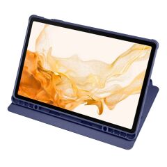 Galaxy Tab S7 Plus 12.4'' uyumlu Kılıf Kalem Bölmeli Yatay Dikey Standlı 360 Dönebilen Akıllı Kapak Lacivert
