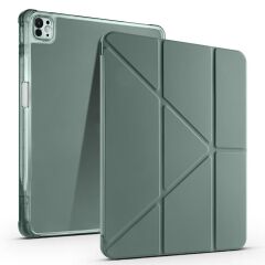 iPad Pro 13 M4 uyumlu Kılıf Kalem Bölmeli Tri Folding Standlı Arkası Silikon Uyku Modlu Koyu Yeşil