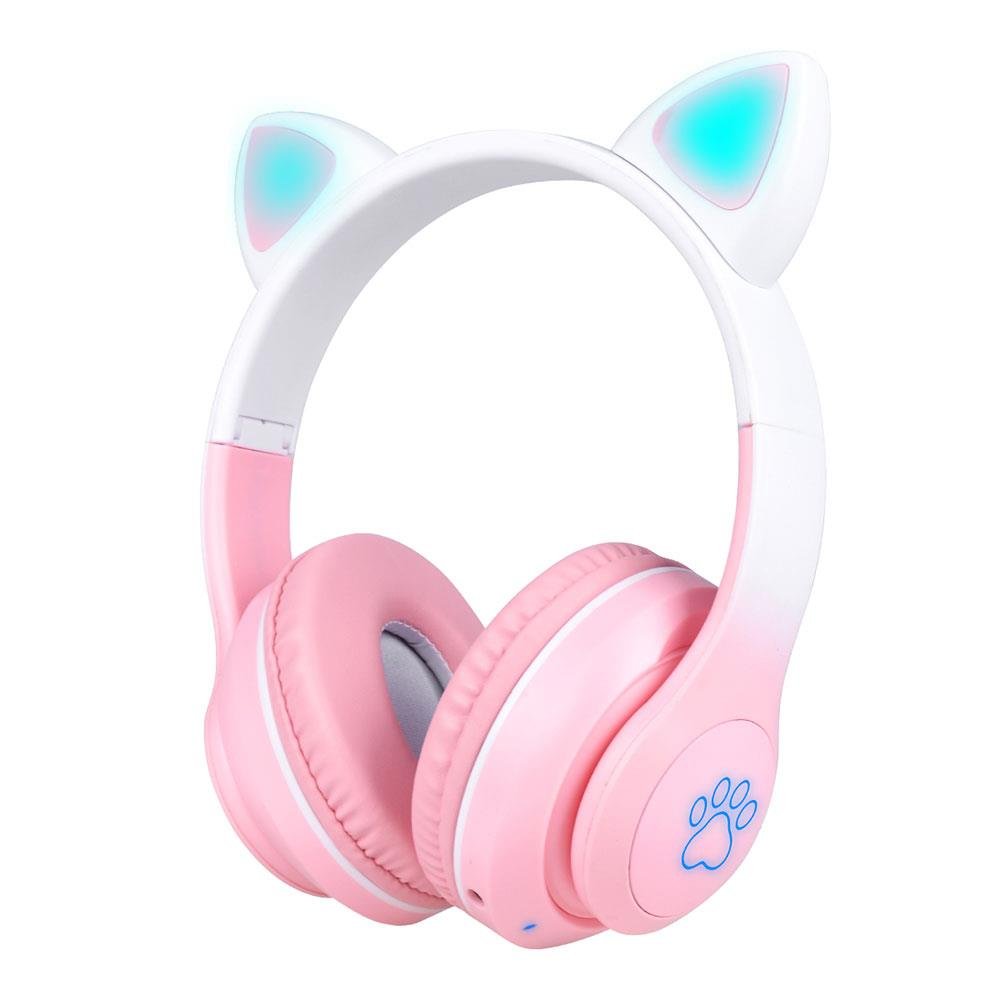 Kedi Kulağı Tasarımlı Kablosuz Kulak Üstü Bluetooth Kulaklık RGB Led Işıklı Katlanabilir Kulaklık Pembe