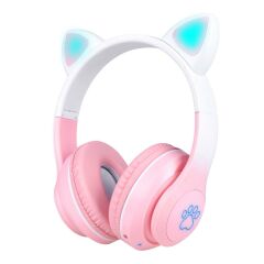 Kedi Kulağı Tasarımlı Kablosuz Kulak Üstü Bluetooth Kulaklık RGB Led Işıklı Katlanabilir Kulaklık Pembe