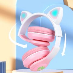 Kedi Kulağı Tasarımlı Kablosuz Kulak Üstü Bluetooth Kulaklık RGB Led Işıklı Katlanabilir Kulaklık Pembe