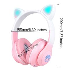 Kedi Kulağı Tasarımlı Kablosuz Kulak Üstü Bluetooth Kulaklık RGB Led Işıklı Katlanabilir Kulaklık Pembe