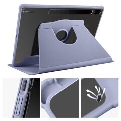 Galaxy Tab S7 Plus 12.4'' uyumlu Kılıf Kalem Bölmeli Yatay Dikey Standlı 360 Dönebilen Akıllı Kapak Levander Gray