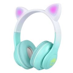 Kedi Kulağı Tasarımlı Kablosuz Kulak Üstü Bluetooth Kulaklık RGB Led Işıklı Katlanabilir Kulaklık Yeşil
