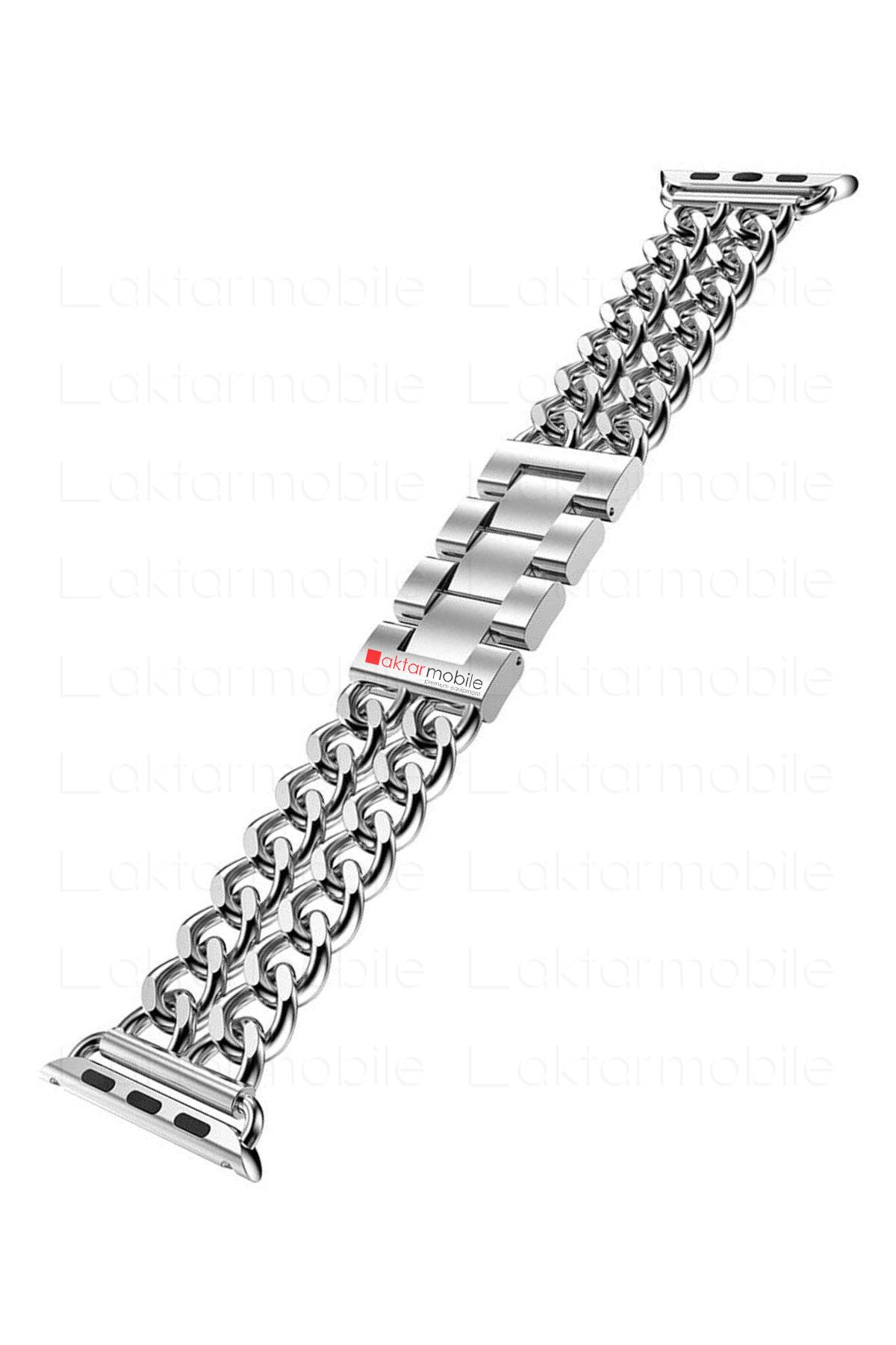 Apple Watch 8 45 mm uyumlu Zincirli Metal Kordon Zincir Tasarım Kayış Gümüş