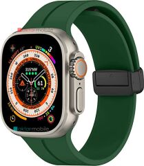 Apple Watch 9 45 mm uyumlu Silikon Kordon Magnetik D Tokalı Spor Kayış Mıknatıslı Toka Koyu Yeşil