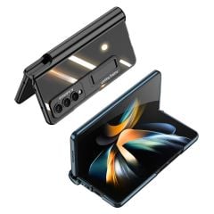 Samsung Galaxy Z Fold 4 uyumlu Kılıf Kalem Bölmeli Kick Standlı Kapak Premium Electroplate Metalik