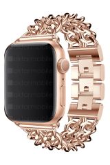 Apple Watch 8 45 mm uyumlu Zincirli Metal Kordon Zincir Tasarım Kayış Rose Gold