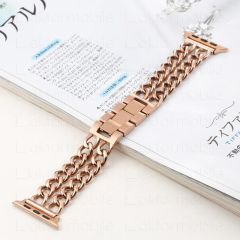 Apple Watch 8 45 mm uyumlu Zincirli Metal Kordon Zincir Tasarım Kayış Rose Gold