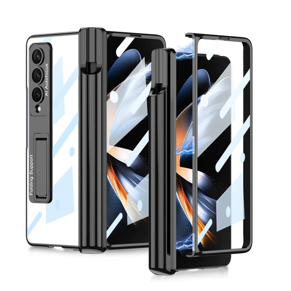 Samsung Galaxy Z Fold 4 uyumlu Kılıf Kalem Bölmeli Kick Standlı Kapak Premium Electroplate Metalik Siyah