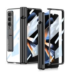 Samsung Galaxy Z Fold 4 uyumlu Kılıf Kalem Bölmeli Kick Standlı Kapak Premium Electroplate Metalik Siyah