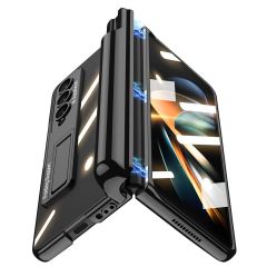 Samsung Galaxy Z Fold 4 uyumlu Kılıf Kalem Bölmeli Kick Standlı Kapak Premium Electroplate Metalik Siyah