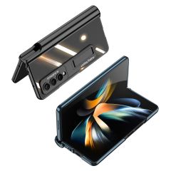 Samsung Galaxy Z Fold 4 uyumlu Kılıf Kalem Bölmeli Kick Standlı Kapak Premium Electroplate Metalik Siyah