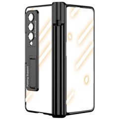 Samsung Galaxy Z Fold 4 uyumlu Kılıf Kalem Bölmeli Kick Standlı Kapak Premium Electroplate Metalik Siyah