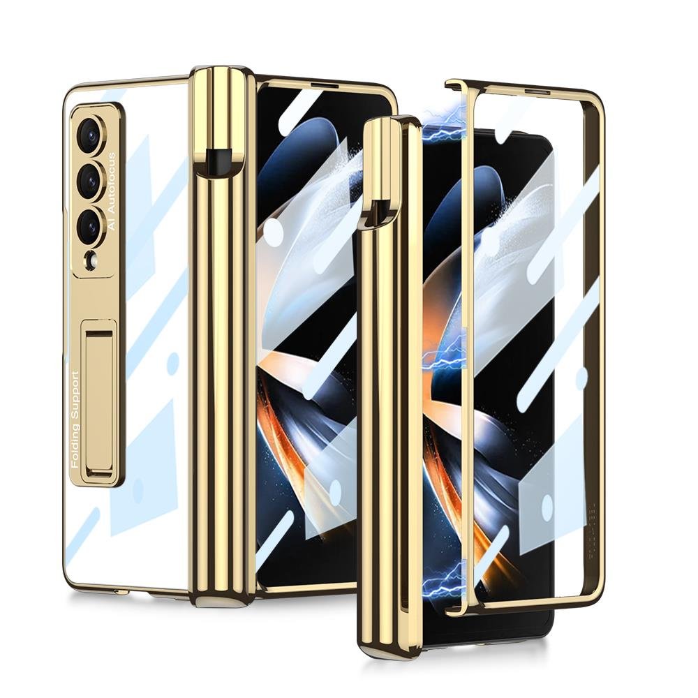 Samsung Galaxy Z Fold 4 uyumlu Kılıf Kalem Bölmeli Kick Standlı Kapak Premium Electroplate Metalik Gold