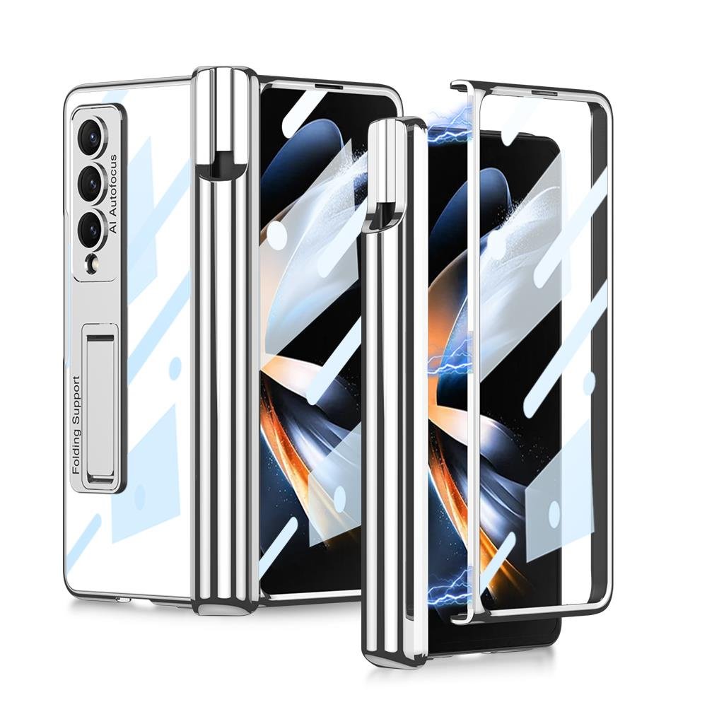 Samsung Galaxy Z Fold 4 uyumlu Kılıf Kalem Bölmeli Kick Standlı Kapak Premium Electroplate Metalik Gümüş