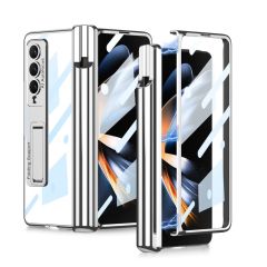 Samsung Galaxy Z Fold 4 uyumlu Kılıf Kalem Bölmeli Kick Standlı Kapak Premium Electroplate Metalik Gümüş