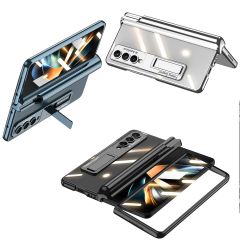 Samsung Galaxy Z Fold 4 uyumlu Kılıf Kalem Bölmeli Kick Standlı Kapak Premium Electroplate Metalik Gümüş