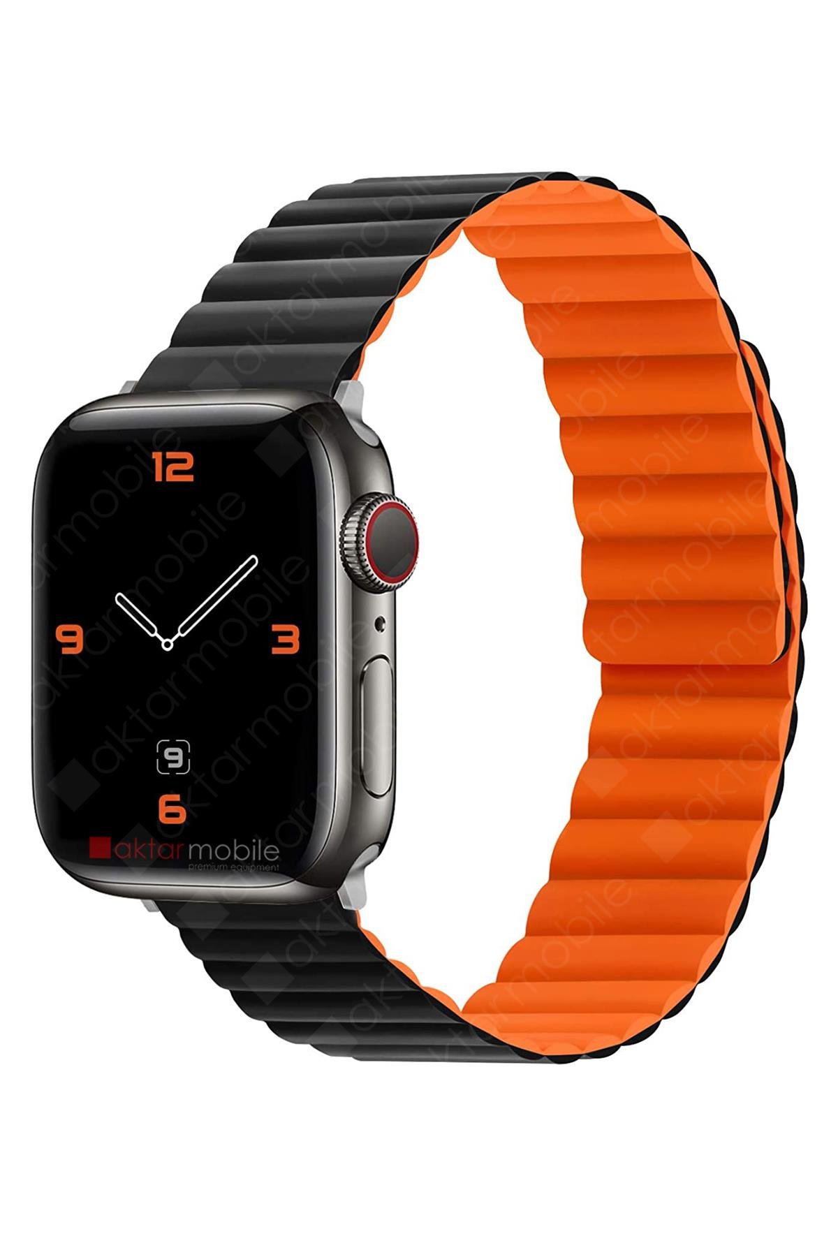 Apple Watch 10 42 mm uyumlu Magnetik Silikon Kordon Çift Renkli Mıknatıslı Premium Kayış Siyah - Turuncu
