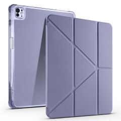 iPad Pro 13 M4 uyumlu Kılıf Kalem Bölmeli Tri Folding Standlı Arkası Silikon Uyku Modlu Levander Gray