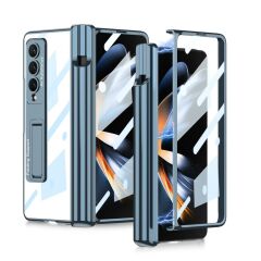 Samsung Galaxy Z Fold 4 uyumlu Kılıf Kalem Bölmeli Kick Standlı Kapak Premium Electroplate Metalik Mavi