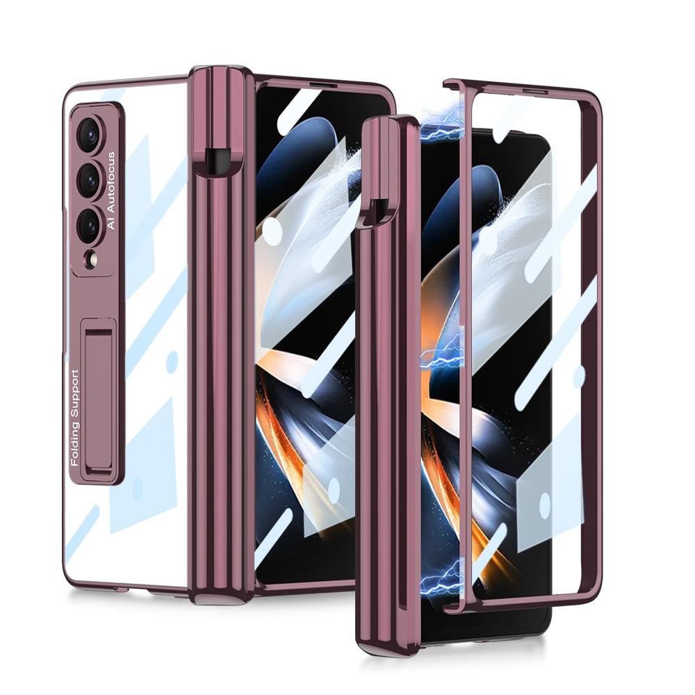 Samsung Galaxy Z Fold 4 uyumlu Kılıf Kalem Bölmeli Kick Standlı Kapak Premium Electroplate Metalik Mürdüm