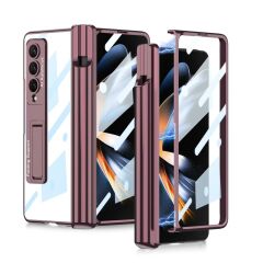 Samsung Galaxy Z Fold 4 uyumlu Kılıf Kalem Bölmeli Kick Standlı Kapak Premium Electroplate Metalik Mürdüm