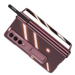 Samsung Galaxy Z Fold 4 uyumlu Kılıf Kalem Bölmeli Kick Standlı Kapak Premium Electroplate Metalik Mürdüm