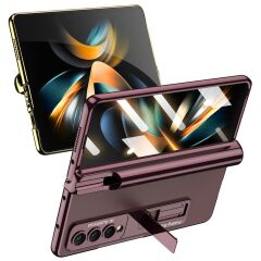 Samsung Galaxy Z Fold 4 uyumlu Kılıf Kalem Bölmeli Kick Standlı Kapak Premium Electroplate Metalik Mürdüm