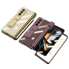 Samsung Galaxy Z Fold 4 uyumlu Kılıf Kalem Bölmeli Kick Standlı Kapak Premium Electroplate Metalik Mürdüm