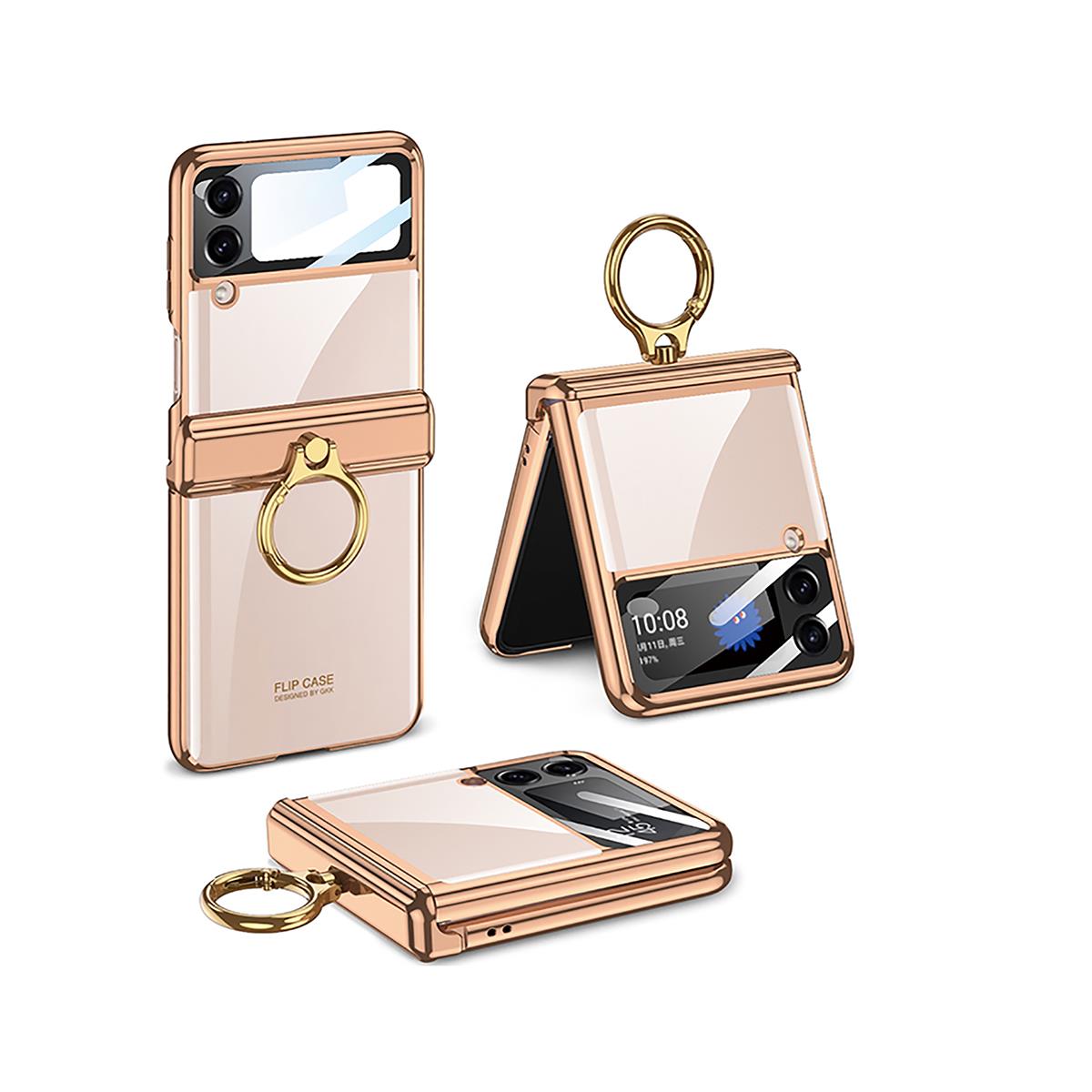 Samsung Galaxy Z Flip 4 uyumlu Yüzüklü Kılıf Kamera Korumalı Kapak Premium Electroplate Metalik Gold