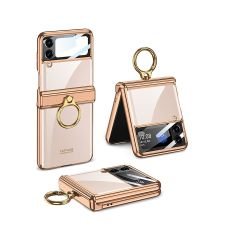 Samsung Galaxy Z Flip 4 uyumlu Yüzüklü Kılıf Kamera Korumalı Kapak Premium Electroplate Metalik Gold