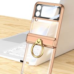 Samsung Galaxy Z Flip 4 uyumlu Yüzüklü Kılıf Kamera Korumalı Kapak Premium Electroplate Metalik Gold